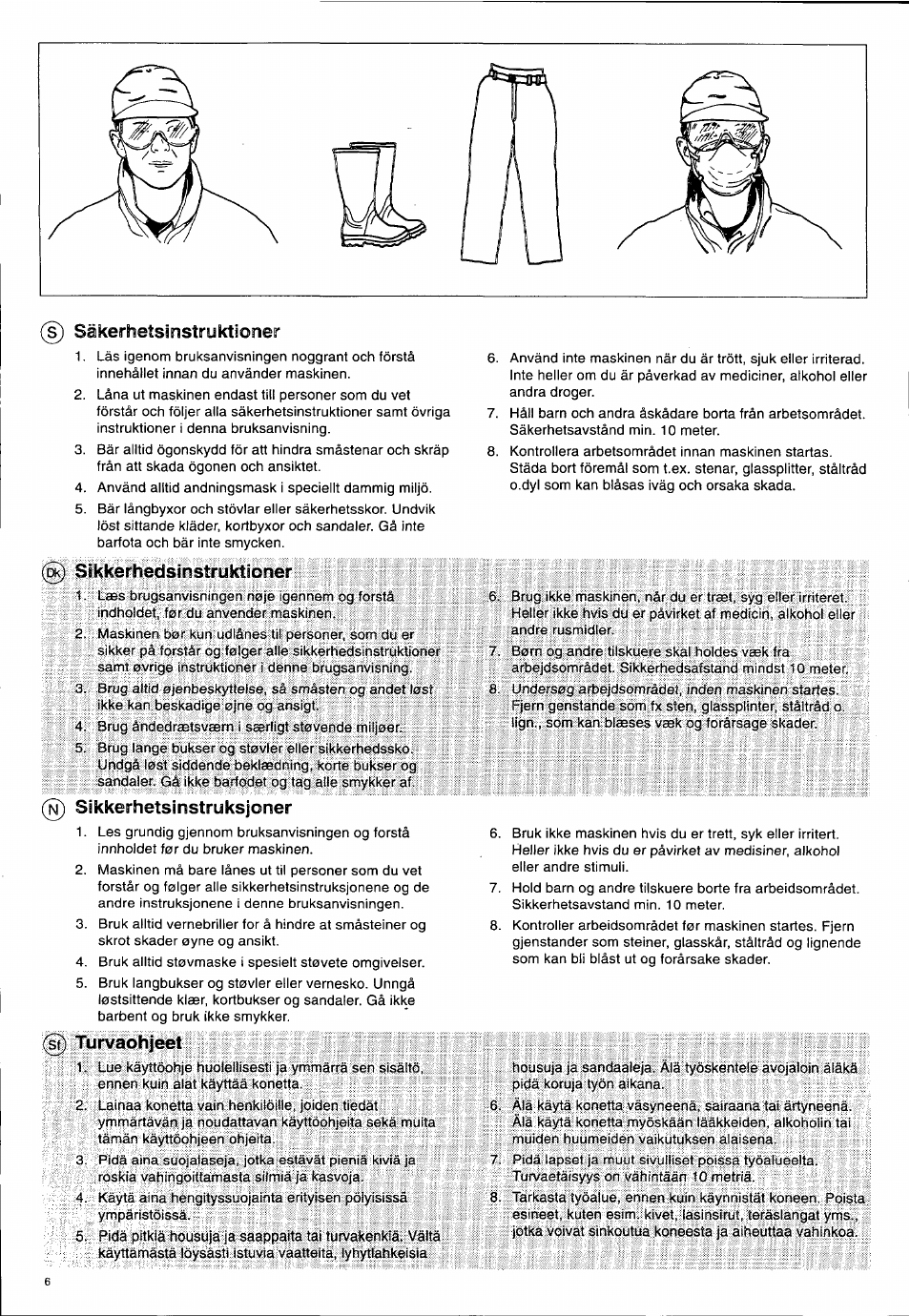 S) säkerhetsinstruktioner, Sikkerhedsinstruktfoner, Sikkerhetslnstruksjoner | Turvaohjeet, Sakerhetsinstruktioner, Sikkerhedsinstruktioner, Sikkerhetsinstruksjoner | Husqvarna 140 B User Manual | Page 7 / 46