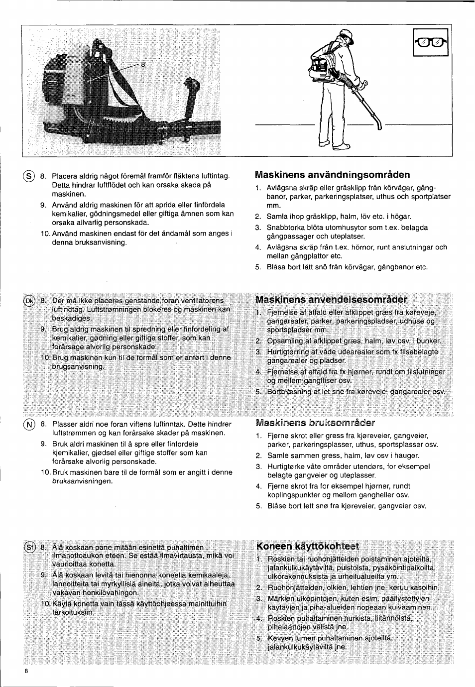 Tvlasklnens anvàndningsomràden, Maskinens anvendeisesomráder, Koneen käyttökohleet | Maskinens anvândningsomrâden, Maskinens anvendelsesom ràder, Koneen kâyttôkohteet, Maskinens broksomrader | Husqvarna 140 B User Manual | Page 9 / 46
