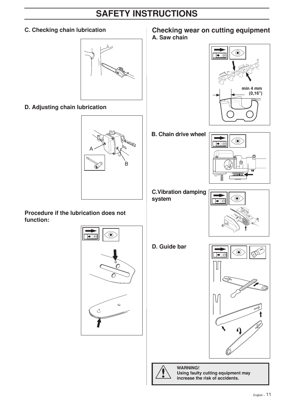 Safety instructions, Checking wear on cutting equipment | Husqvarna 325P4 User Manual | Page 11 / 28