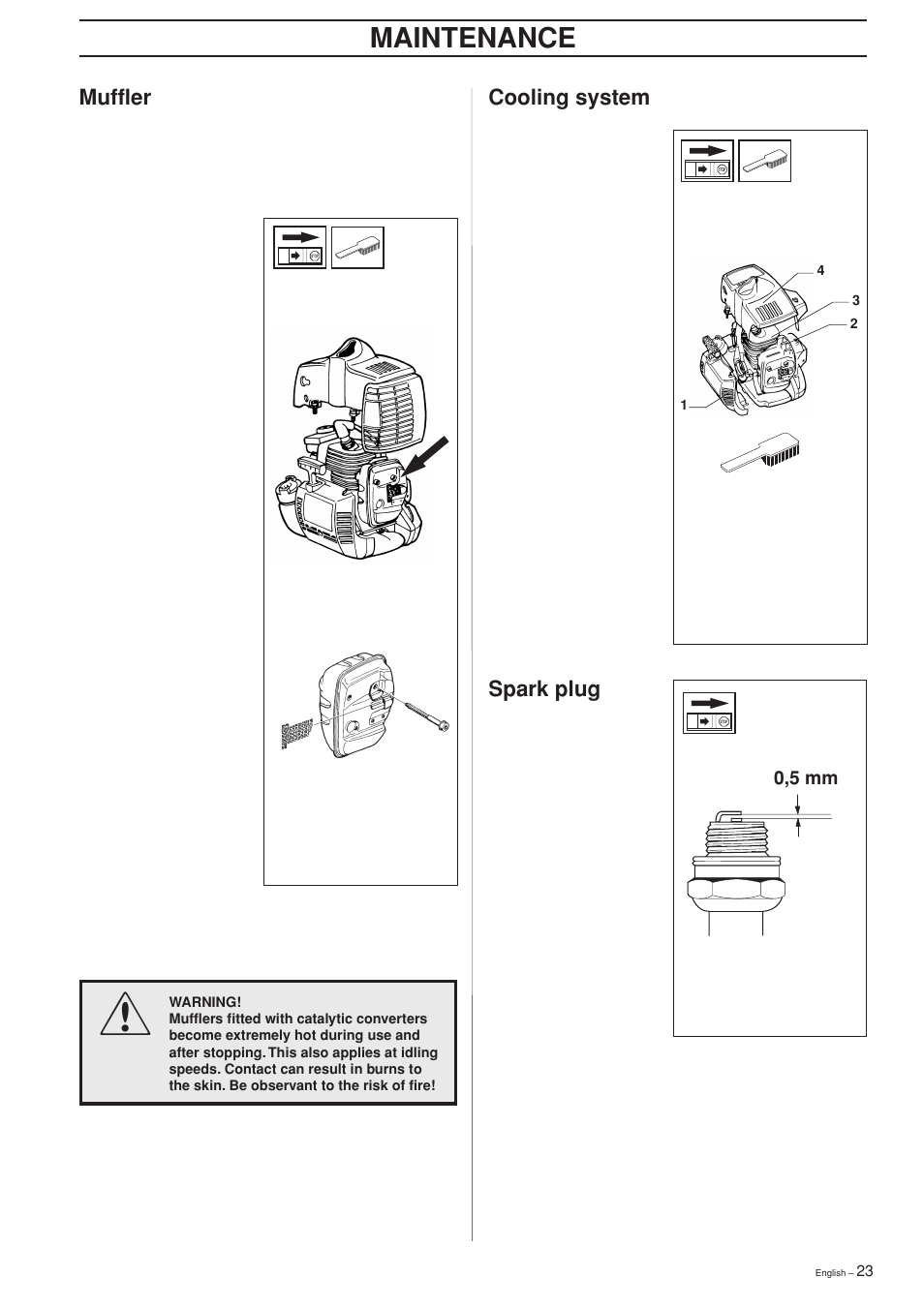 Maintenance, Cooling system, Muffler | Spark plug | Husqvarna 325P4 User Manual | Page 23 / 28