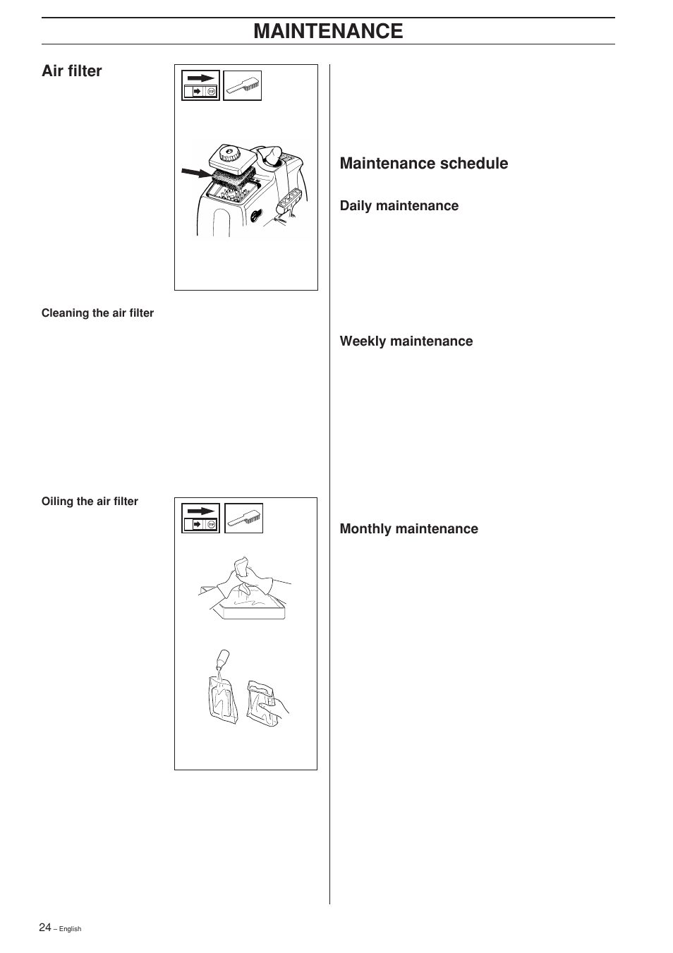 Maintenance schedule, Maintenance, Air filter | Husqvarna 325P4 User Manual | Page 24 / 28