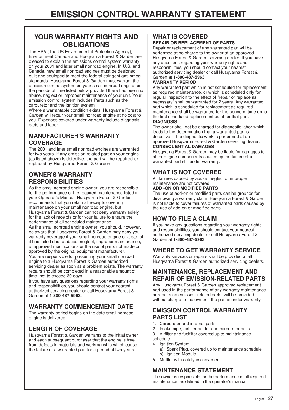 Emission control warranty statement, Your warranty rights and obligations | Husqvarna 325P4 User Manual | Page 27 / 28