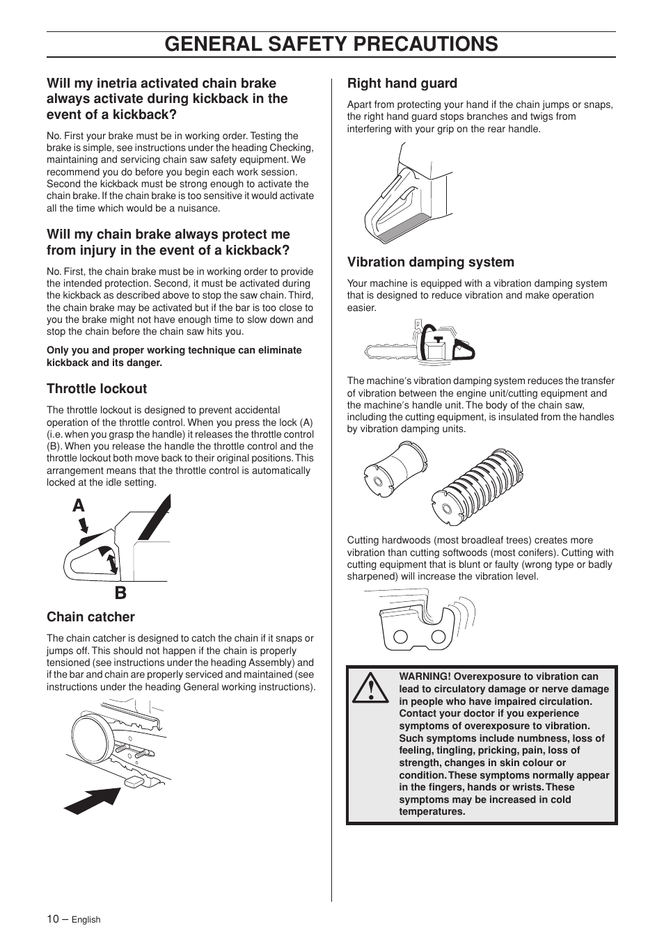 Throttle lockout, Chain catcher, Right hand guard | Vibration damping system, General safety precautions | Husqvarna 372XP EPA II User Manual | Page 10 / 44