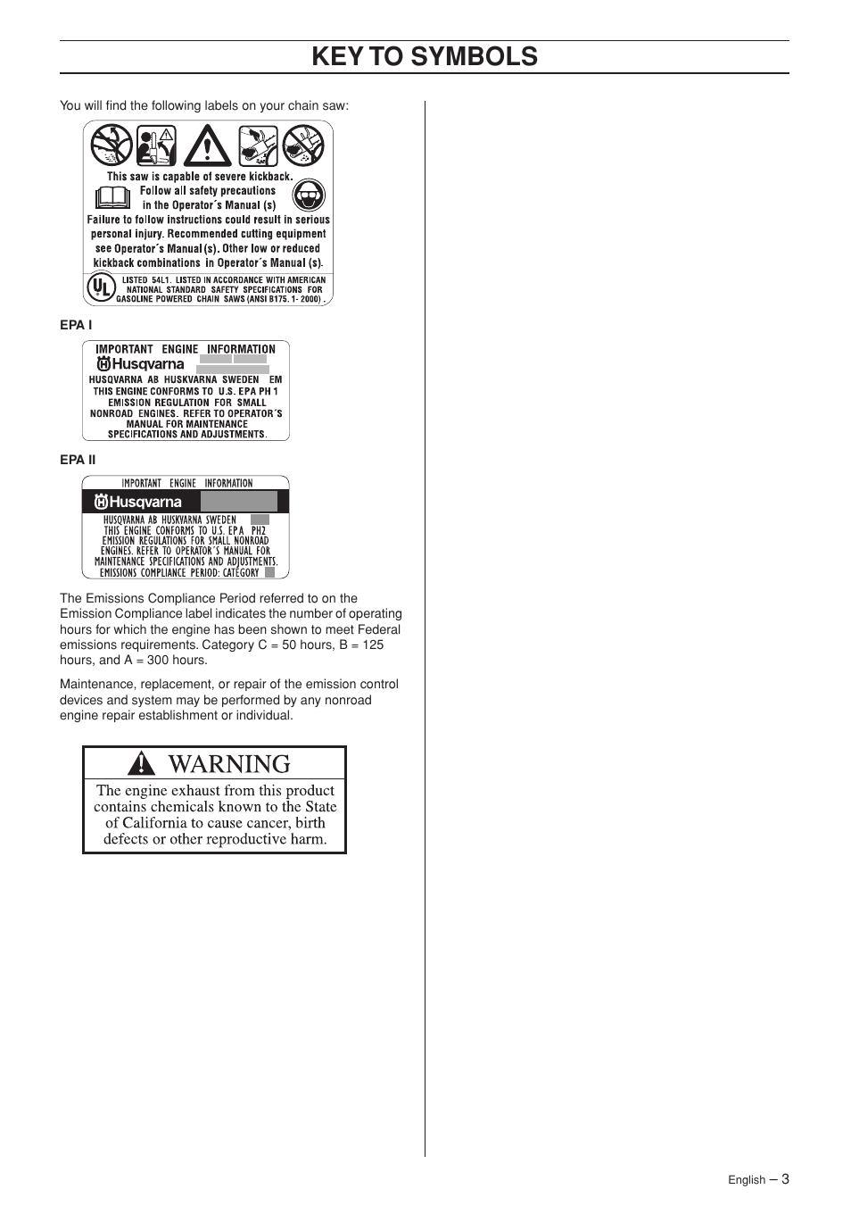 Key t o symbols | Husqvarna 372XP EPA II User Manual | Page 3 / 44