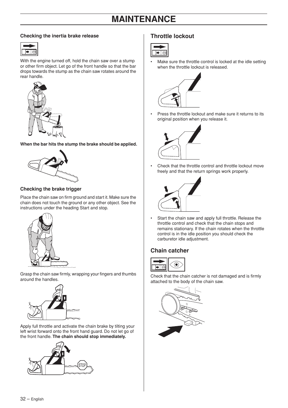 Throttle lockout, Chain catcher, Maintenance | Husqvarna 372XP EPA II User Manual | Page 32 / 44