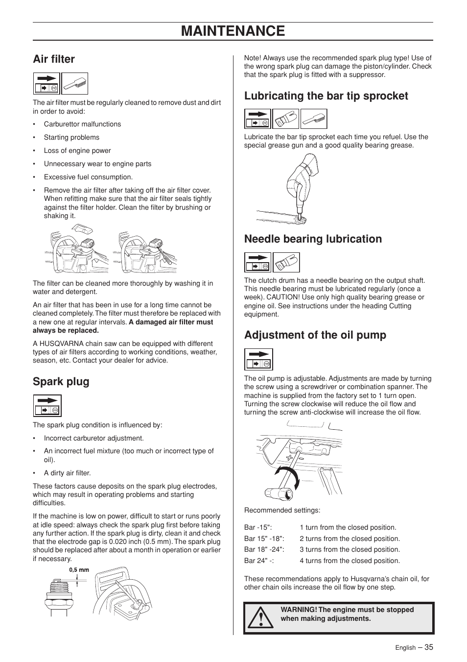 Air filter, Spark plug, Lubricating the bar tip sprocket | Needle bearing lubrication, Adjustment of the oil pump, Maintenance | Husqvarna 372XP EPA II User Manual | Page 35 / 44