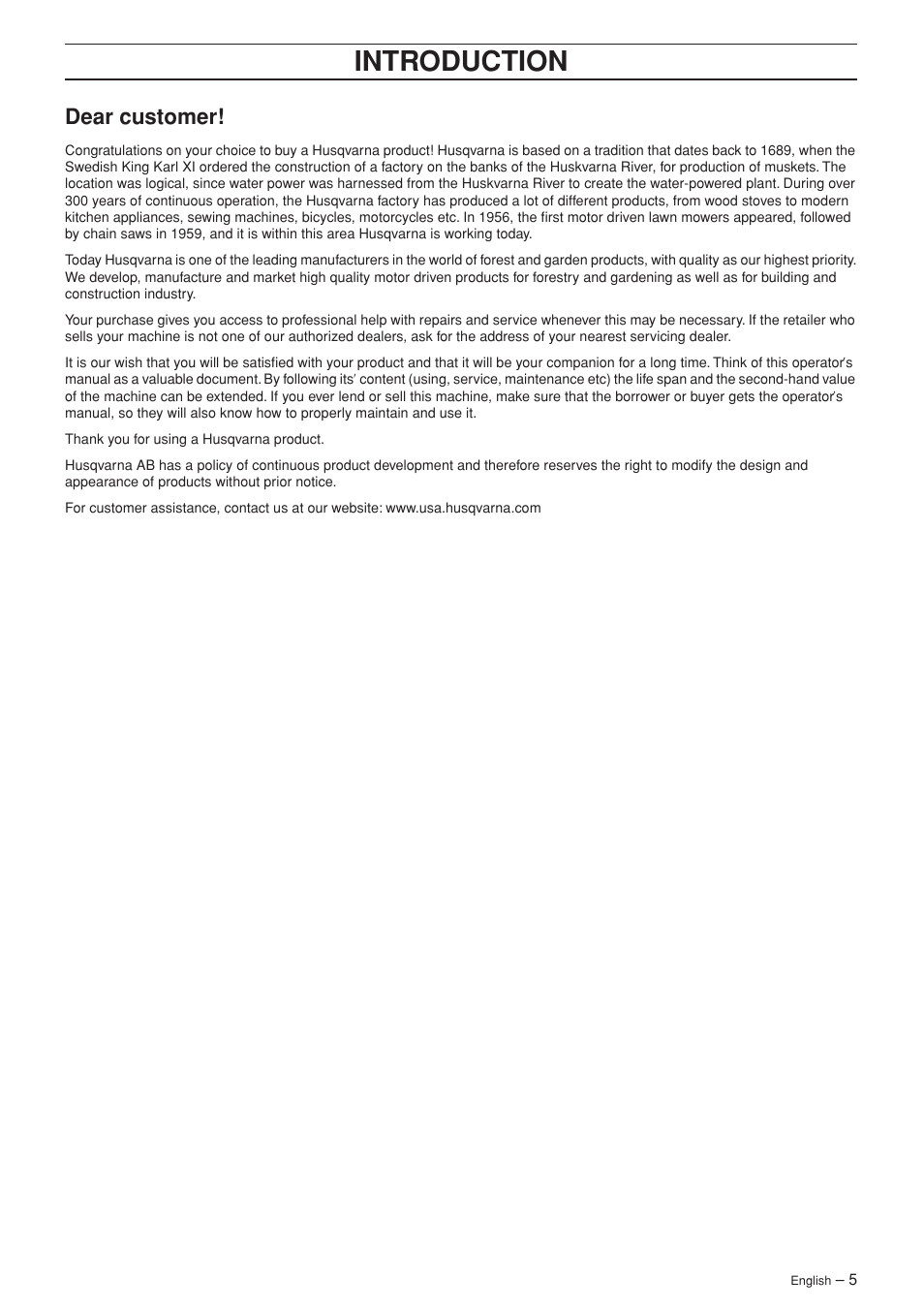Dear customer, Intr oduction | Husqvarna 372XP EPA II User Manual | Page 5 / 44