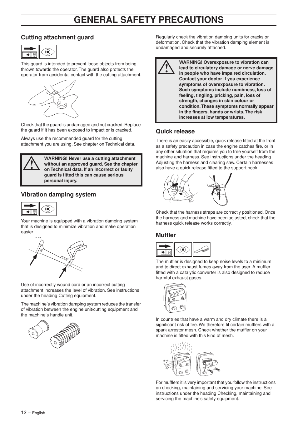 Cutting attachment guard, Vibration damping system, Quick release | Muffler, General safety precautions | Husqvarna 252RX User Manual | Page 12 / 48