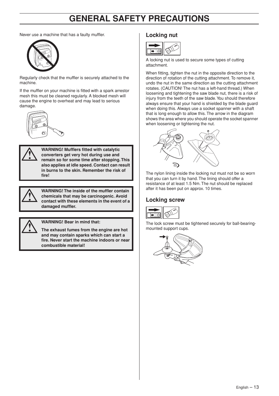 Locking nut, Locking screw, General safety precautions | Husqvarna 252RX User Manual | Page 13 / 48