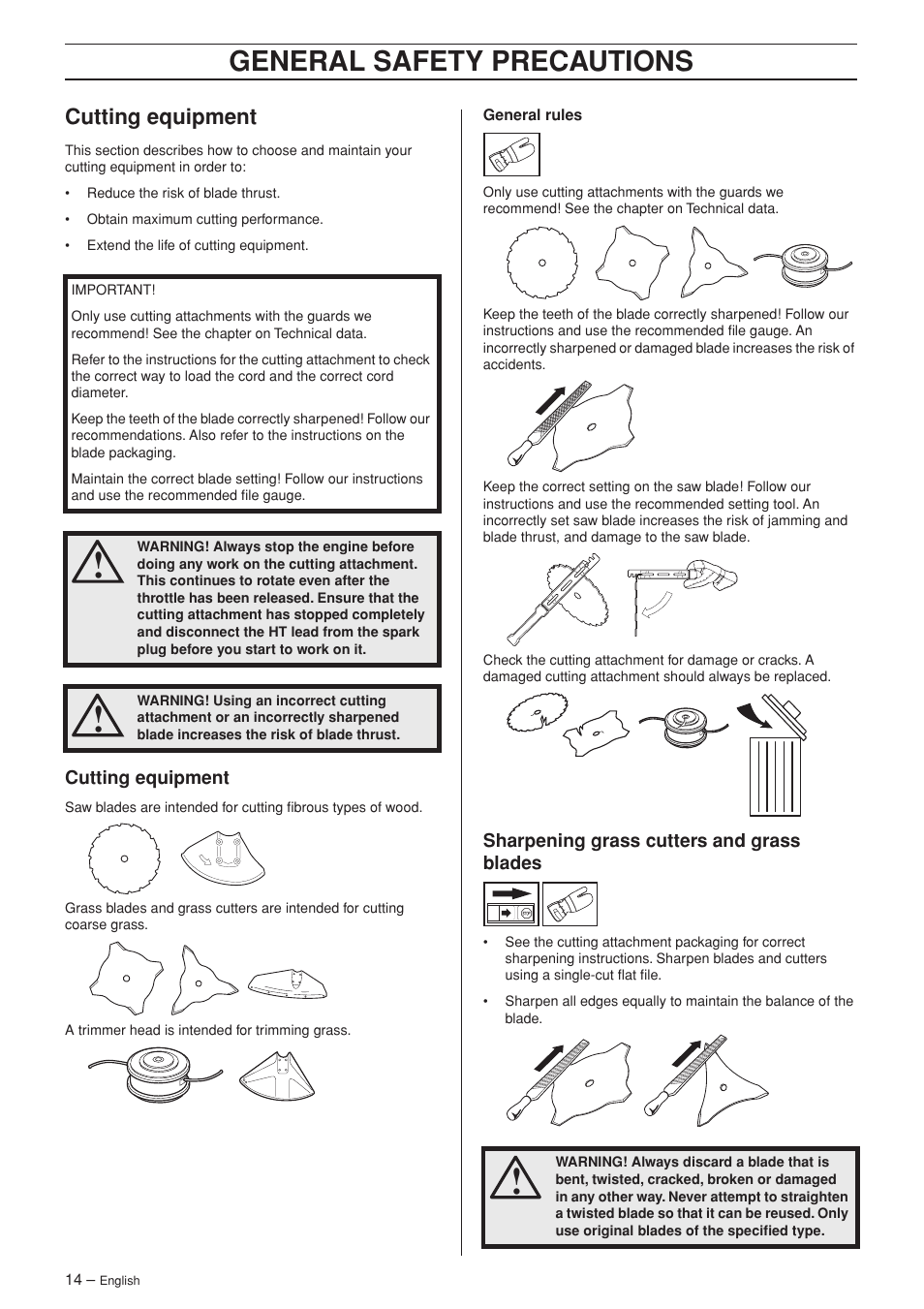 Cutting equipment, Sharpening grass cutters and grass blades, General safety precautions | Husqvarna 252RX User Manual | Page 14 / 48