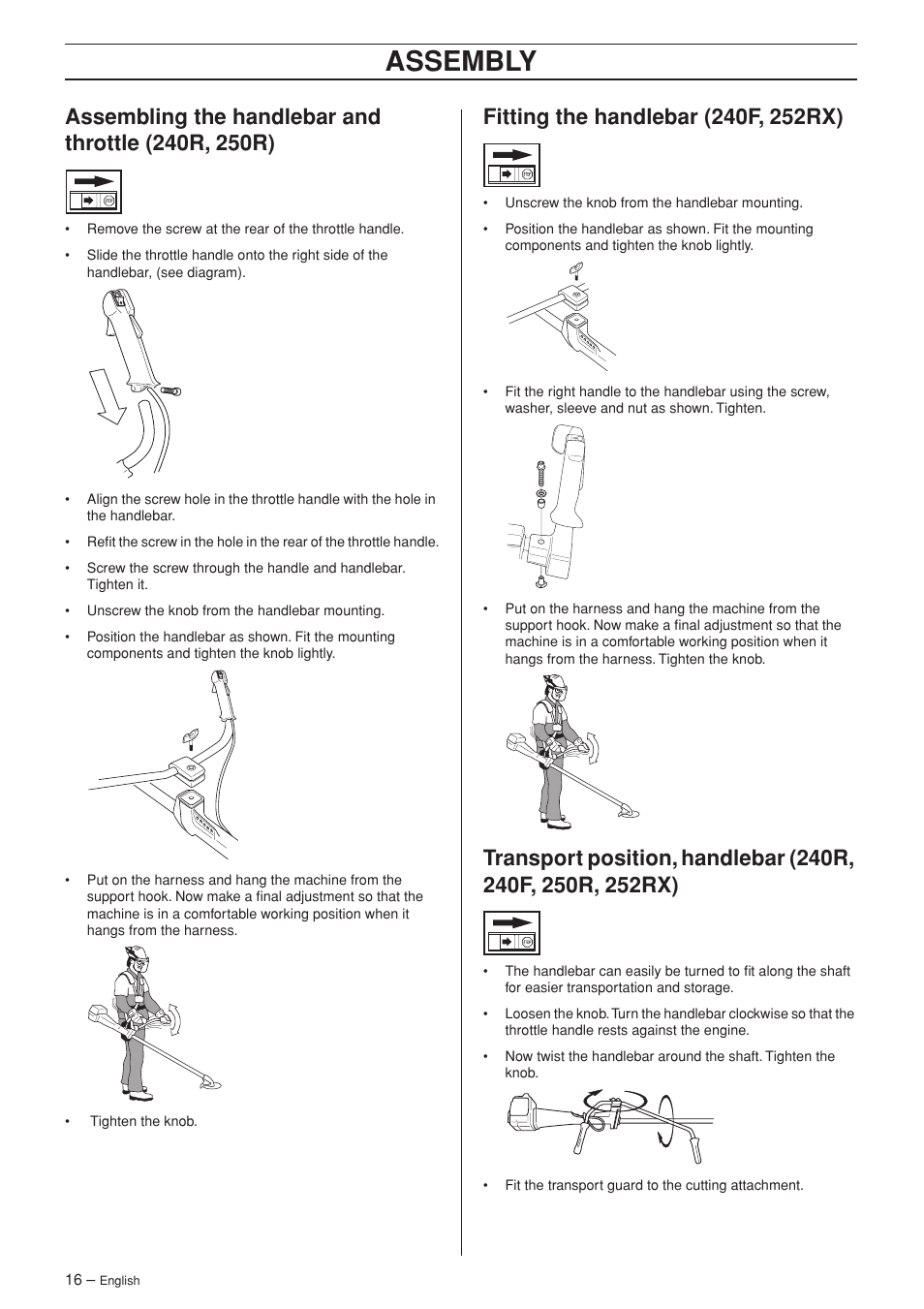 Assembling the handlebar and throttle (240r, 250r), Fitting the handlebar (240f, 252rx), Assembly | Husqvarna 252RX User Manual | Page 16 / 48