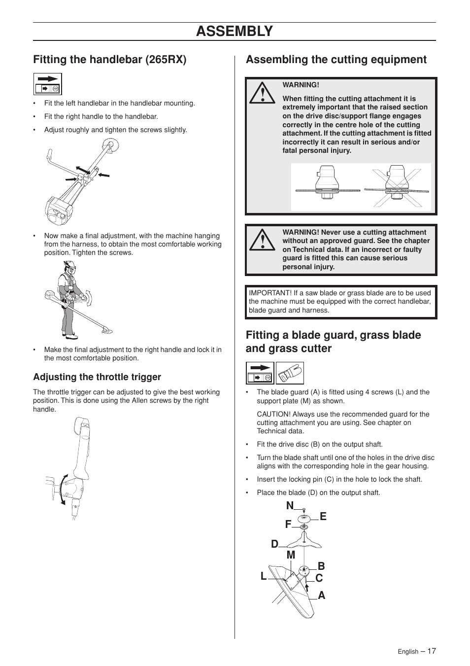 Fitting the handlebar (265rx), Adjusting the throttle trigger, Assembling the cutting equipment | Assembly | Husqvarna 252RX User Manual | Page 17 / 48