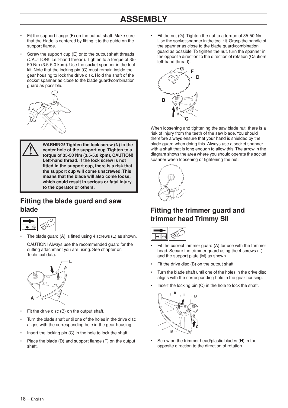 Fitting the blade guard and saw blade, Assembly | Husqvarna 252RX User Manual | Page 18 / 48