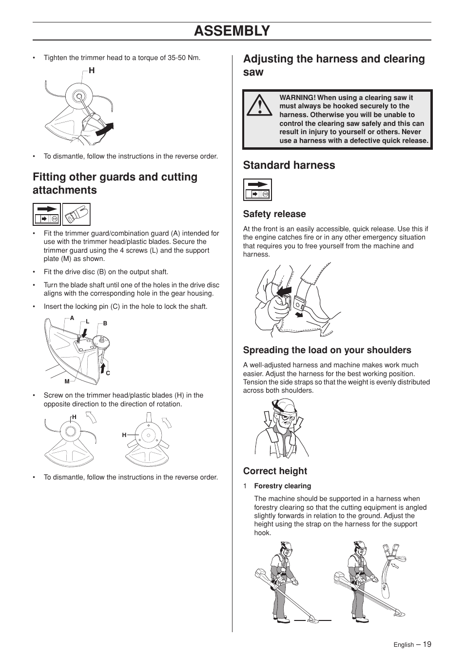 Fitting other guards and cutting attachments, Adjusting the harness and clearing saw, Standard harness | Safety release, Spreading the load on your shoulders, Correct height, Assembly | Husqvarna 252RX User Manual | Page 19 / 48