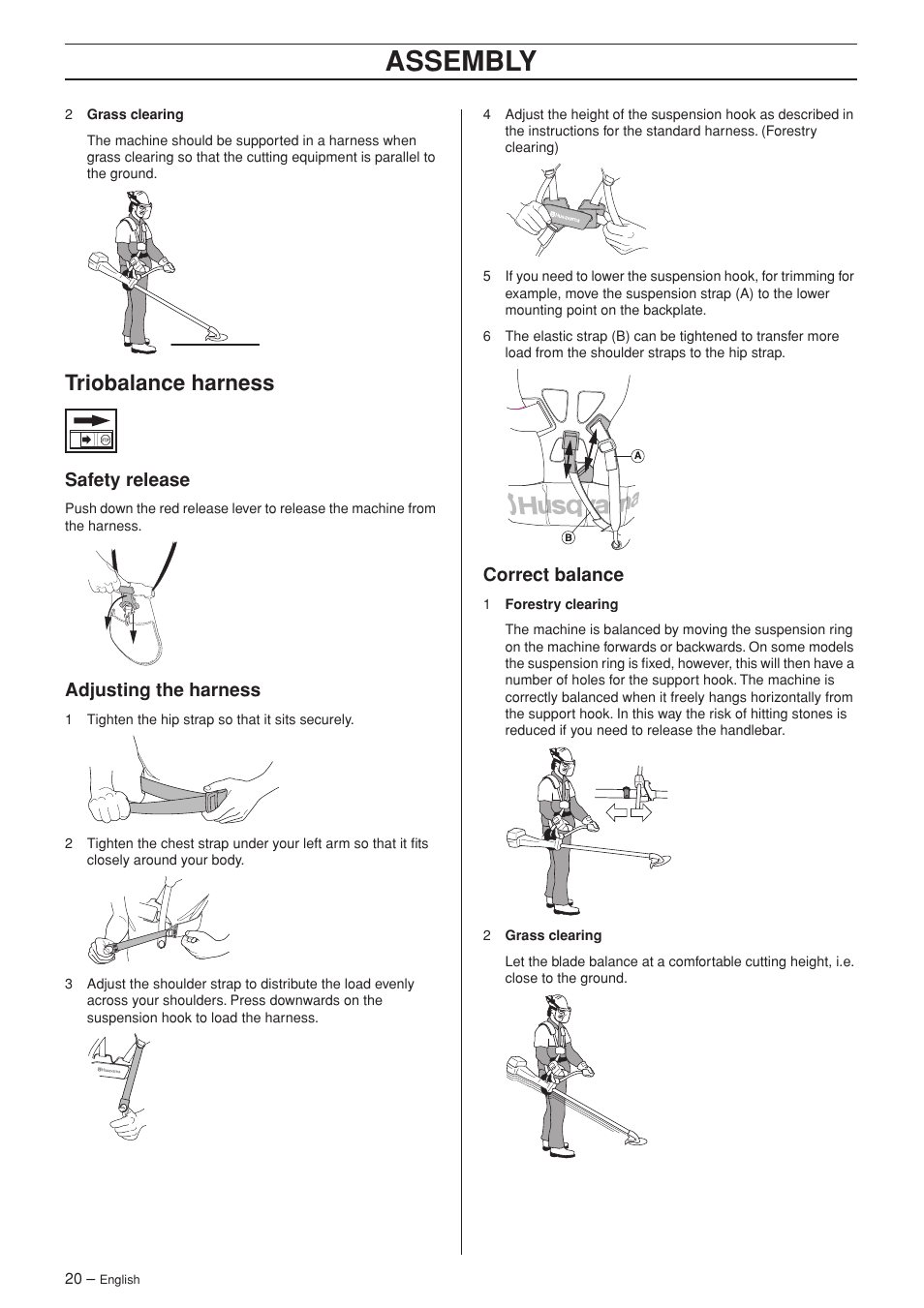 Triobalance harness, Safety release, Adjusting the harness | Correct balance, Assembly | Husqvarna 252RX User Manual | Page 20 / 48