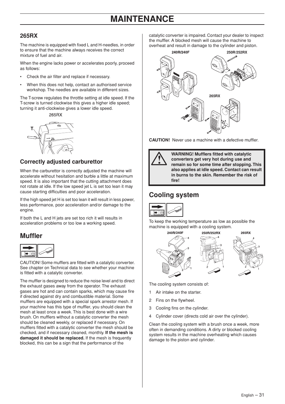 265rx, Correctly adjusted carburettor, Muffler | Cooling system, Maintenance | Husqvarna 252RX User Manual | Page 31 / 48