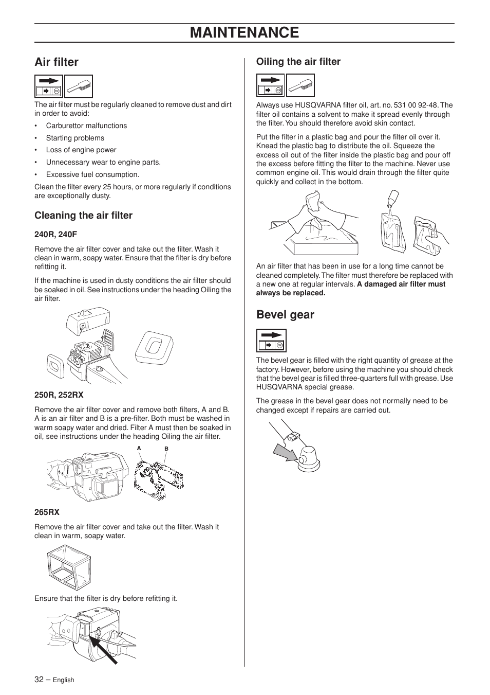 Air filter, Cleaning the air filter, Oiling the air filter | Bevel gear, Maintenance | Husqvarna 252RX User Manual | Page 32 / 48