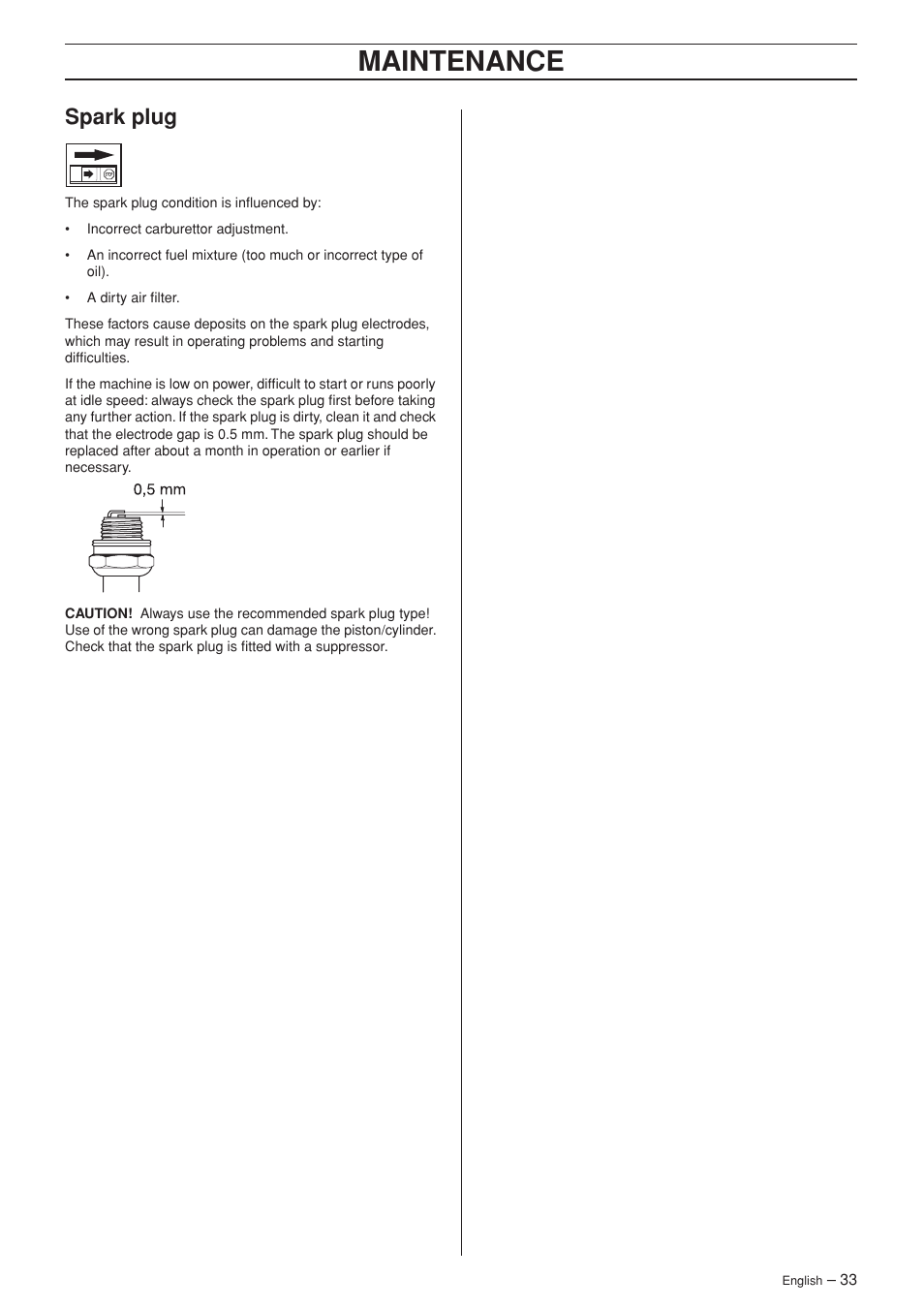 Spark plug, Maintenance | Husqvarna 252RX User Manual | Page 33 / 48