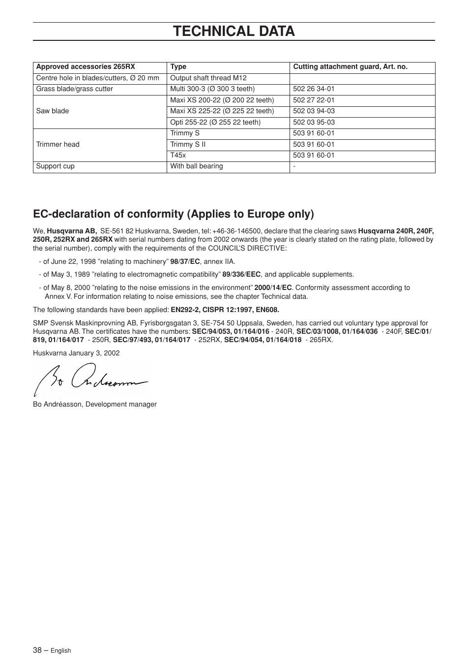 Technical data | Husqvarna 252RX User Manual | Page 38 / 48