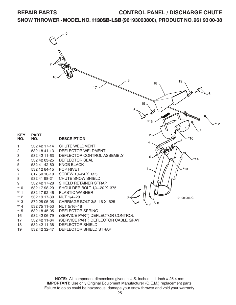 Control panel / discharge - a, Repair parts control panel / discharge chute | Husqvarna 1130SB-LSB User Manual | Page 25 / 44