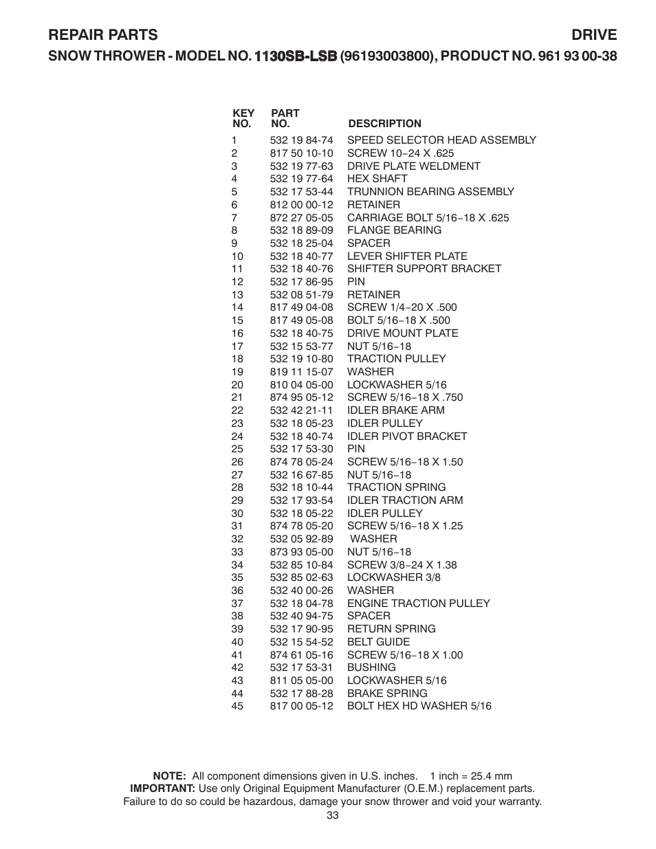 Repair parts drive | Husqvarna 1130SB-LSB User Manual | Page 33 / 44