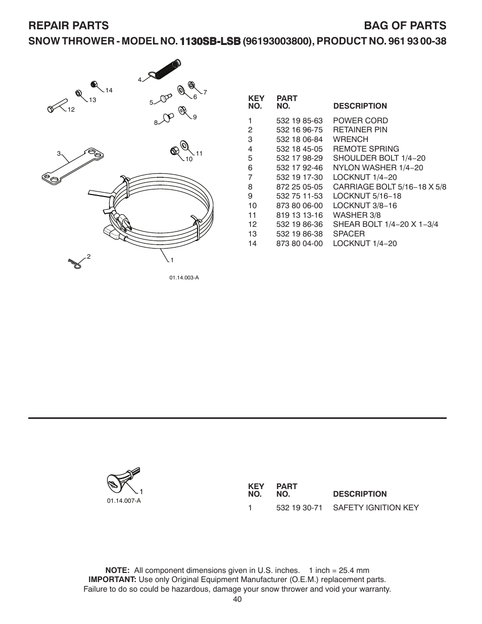 Spare parts, Repair parts bag of parts | Husqvarna 1130SB-LSB User Manual | Page 40 / 44