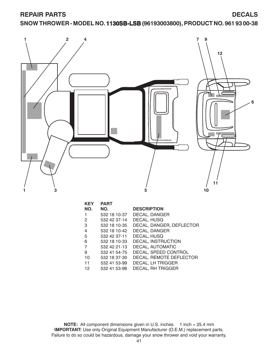 Decals, Repair parts decals | Husqvarna 1130SB-LSB User Manual | Page 41 / 44