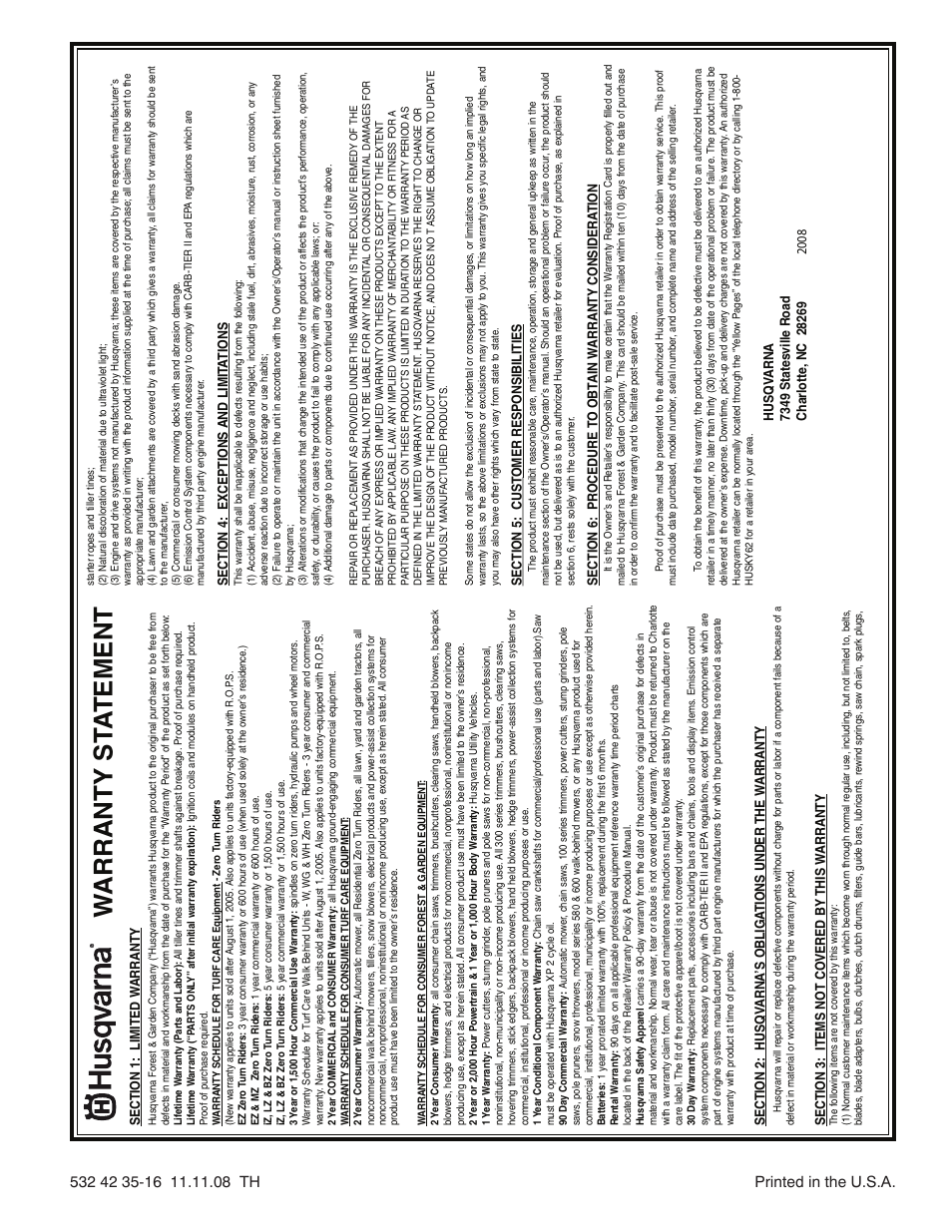 Warranty, Warranty st a tement | Husqvarna 1130SB-LSB User Manual | Page 44 / 44