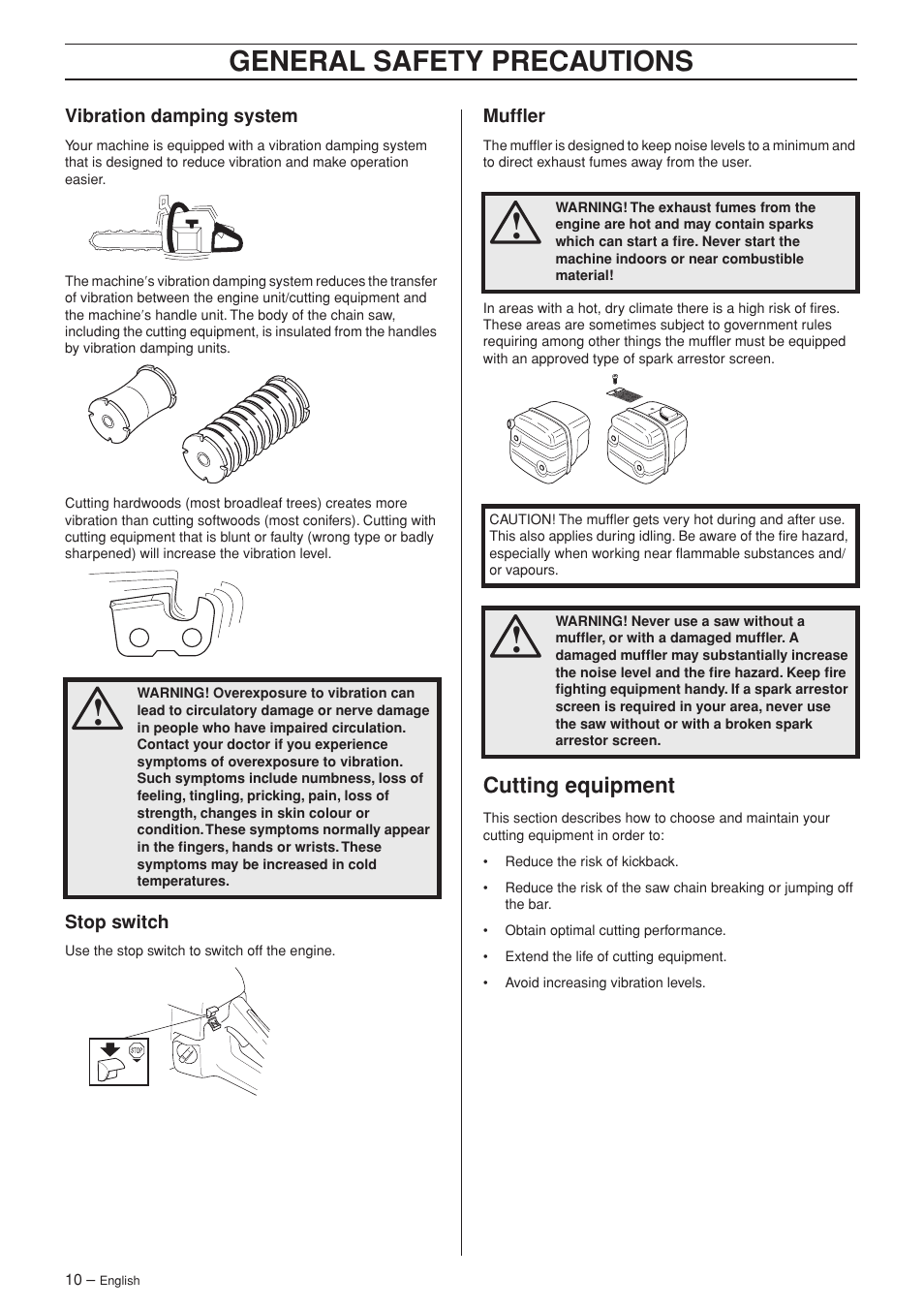 Vibration damping system, Stop switch, Muffler | Cutting equipment, General safety precautions | Husqvarna 346XP EPA II  EN User Manual | Page 10 / 44