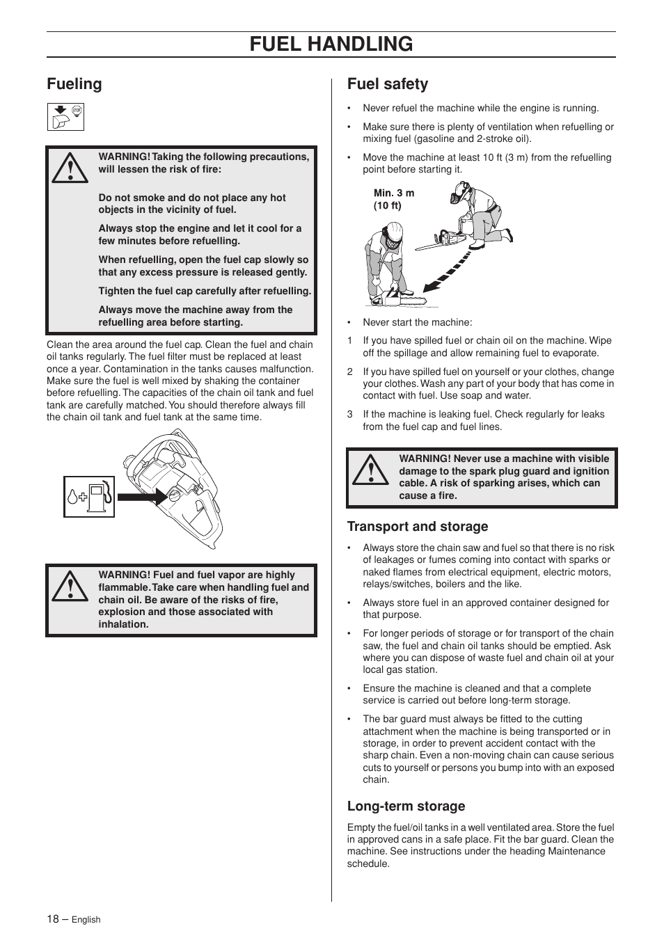 Fueling, Fuel safety, Transport and storage | Long-term storage, Fuel handling | Husqvarna 346XP EPA II  EN User Manual | Page 18 / 44