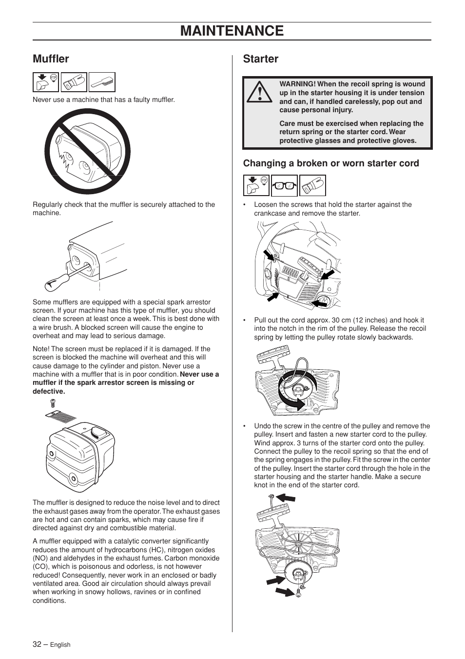 Muffler, Starter, Changing a broken or worn starter cord | Maintenance | Husqvarna 346XP EPA II  EN User Manual | Page 32 / 44