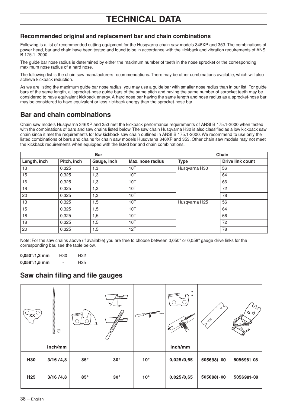 Bar and chain combinations, Saw chain filing and file gauges, Technical data | Husqvarna 346XP EPA II  EN User Manual | Page 38 / 44