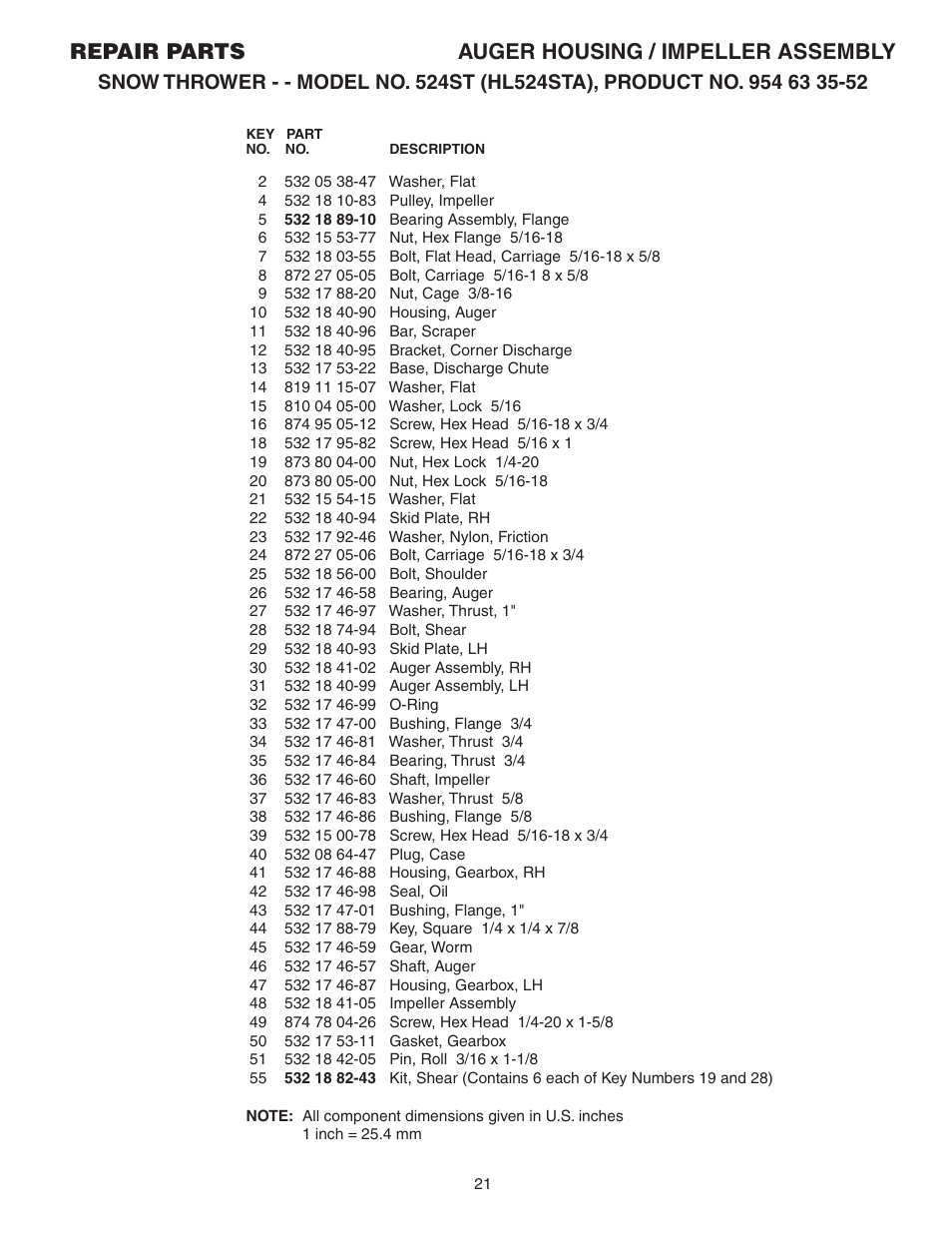 Parts list, Repair parts auger housing / impeller assembly | Husqvarna 524ST User Manual | Page 21 / 32