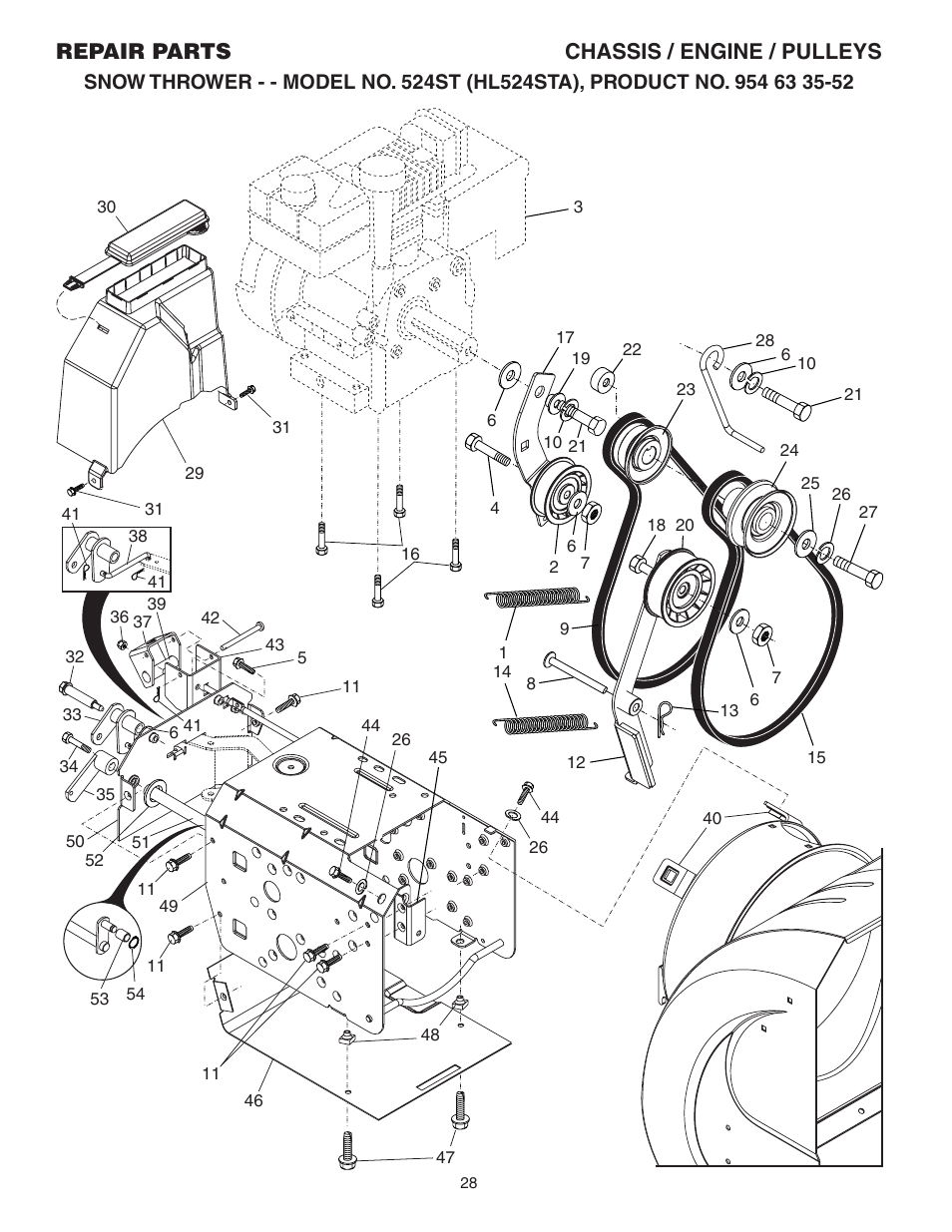 Chassis/ engine/ pulleys, Repair parts chassis / engine / pulleys | Husqvarna 524ST User Manual | Page 28 / 32