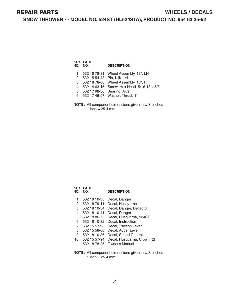 Parts list, Repair parts wheels / decals | Husqvarna 524ST User Manual | Page 31 / 32