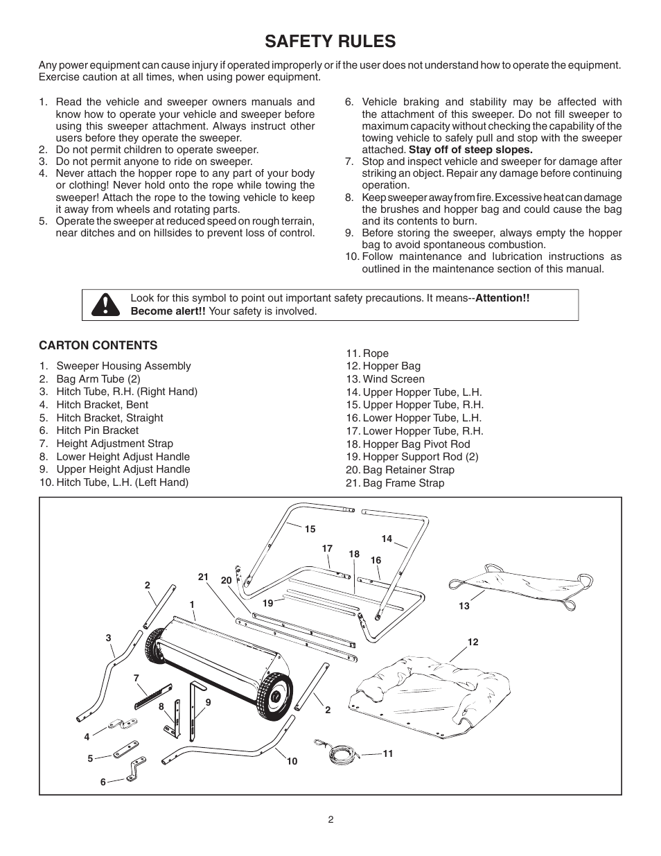 Safety rules, Carton contents | Husqvarna 45-0352 User Manual | Page 2 / 16