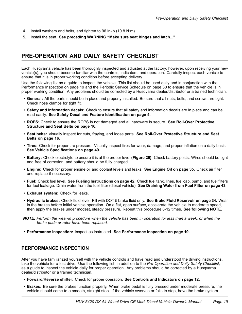 Pre-operation and daily safety checklist, Performance inspection | Husqvarna HUV 5420 DX User Manual | Page 21 / 56