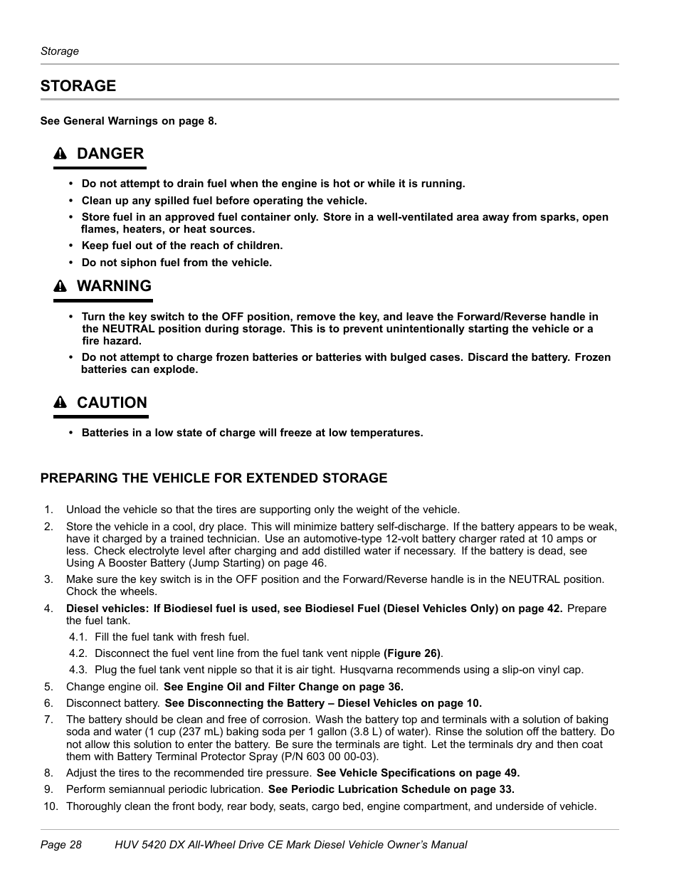 Storage, Preparing the vehicle for extended storage, Danger | Warning, Caution | Husqvarna HUV 5420 DX User Manual | Page 30 / 56