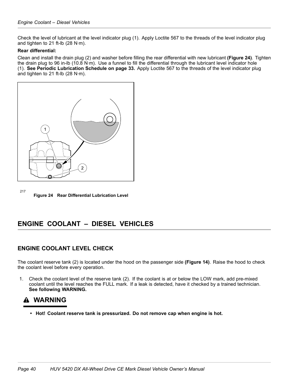 Engine coolant – diesel vehicles, Engine coolant level check, See engine coolant level check | Figure 24), Figure 24, Warning | Husqvarna HUV 5420 DX User Manual | Page 42 / 56