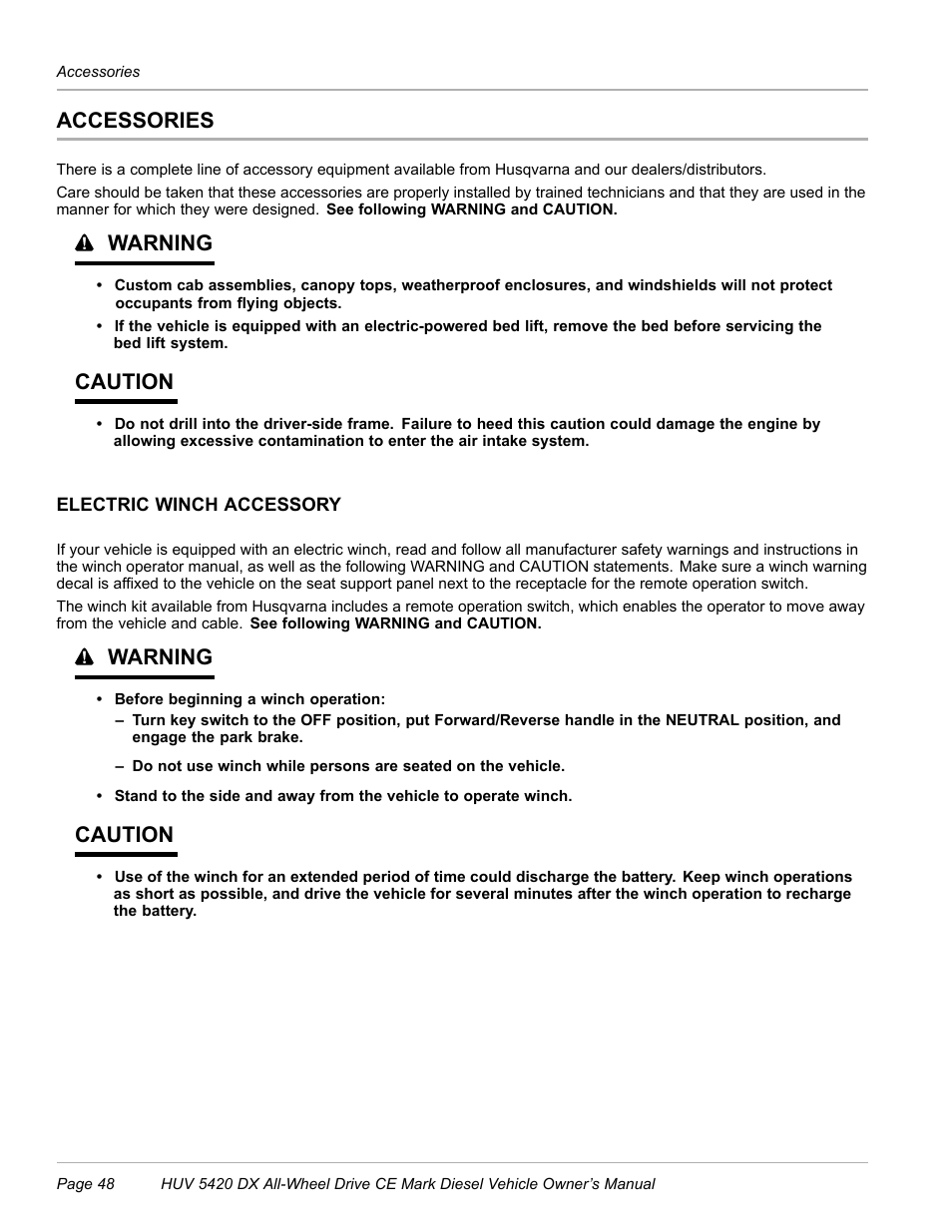 Accessories, Electric winch accessory, Warning | Caution | Husqvarna HUV 5420 DX User Manual | Page 50 / 56