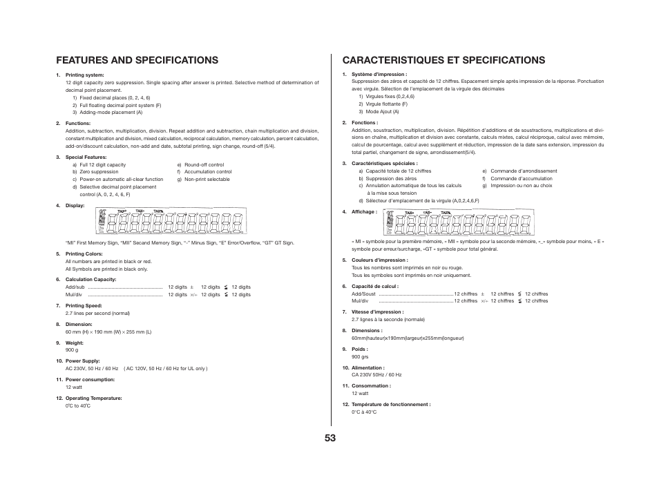 53 features and specifications, Caracteristiques et specifications | CITIZEN CX-123II User Manual | Page 25 / 35