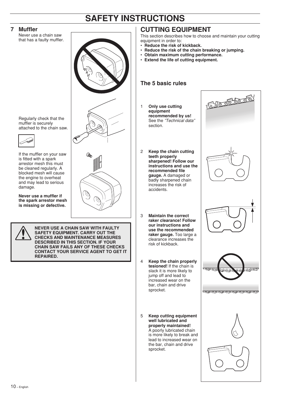 Safety instructions, Cutting equipment, 7 muffler | The 5 basic rules | Husqvarna 281XP User Manual | Page 10 / 36