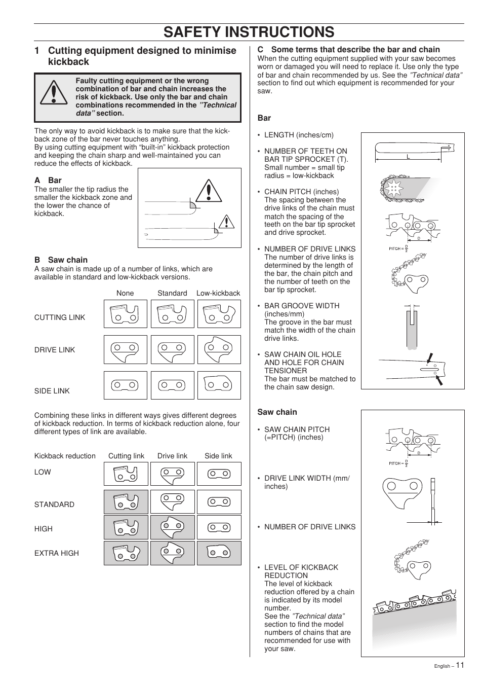 Safety instructions, 1 cutting equipment designed to minimise kickback | Husqvarna 281XP User Manual | Page 11 / 36