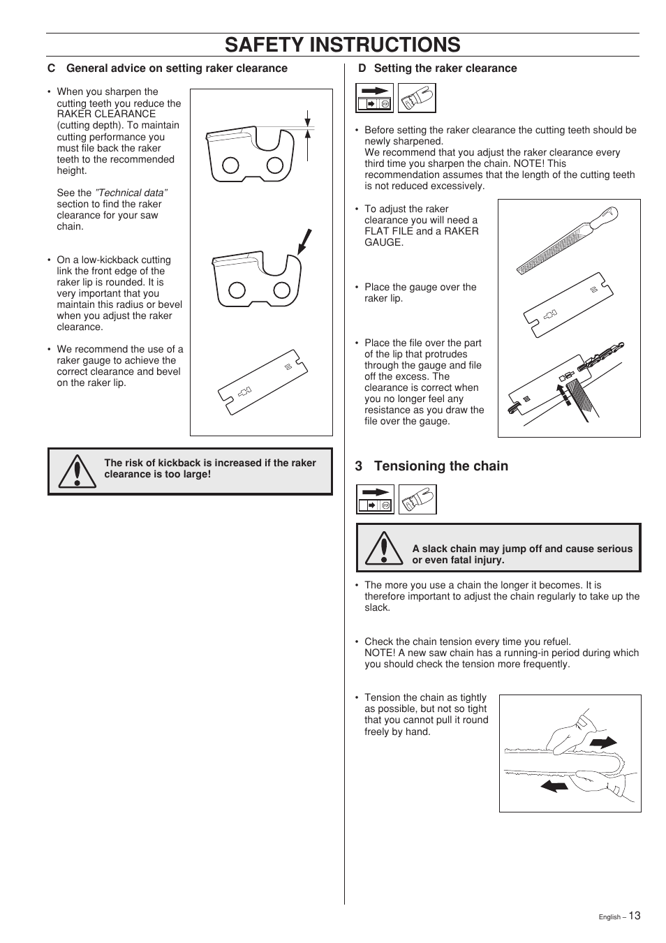 Safety instructions, 3 tensioning the chain | Husqvarna 281XP User Manual | Page 13 / 36