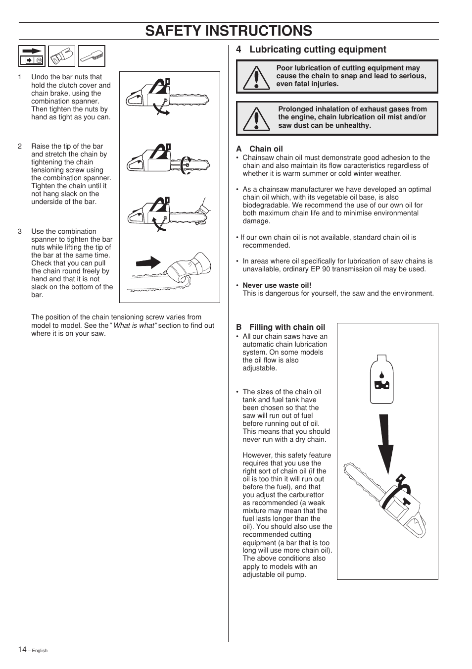 Safety instructions, 4 lubricating cutting equipment | Husqvarna 281XP User Manual | Page 14 / 36