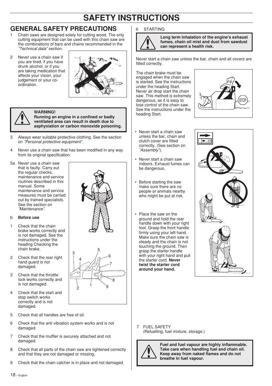 Safety instructions, General safety precautions | Husqvarna 281XP User Manual | Page 18 / 36