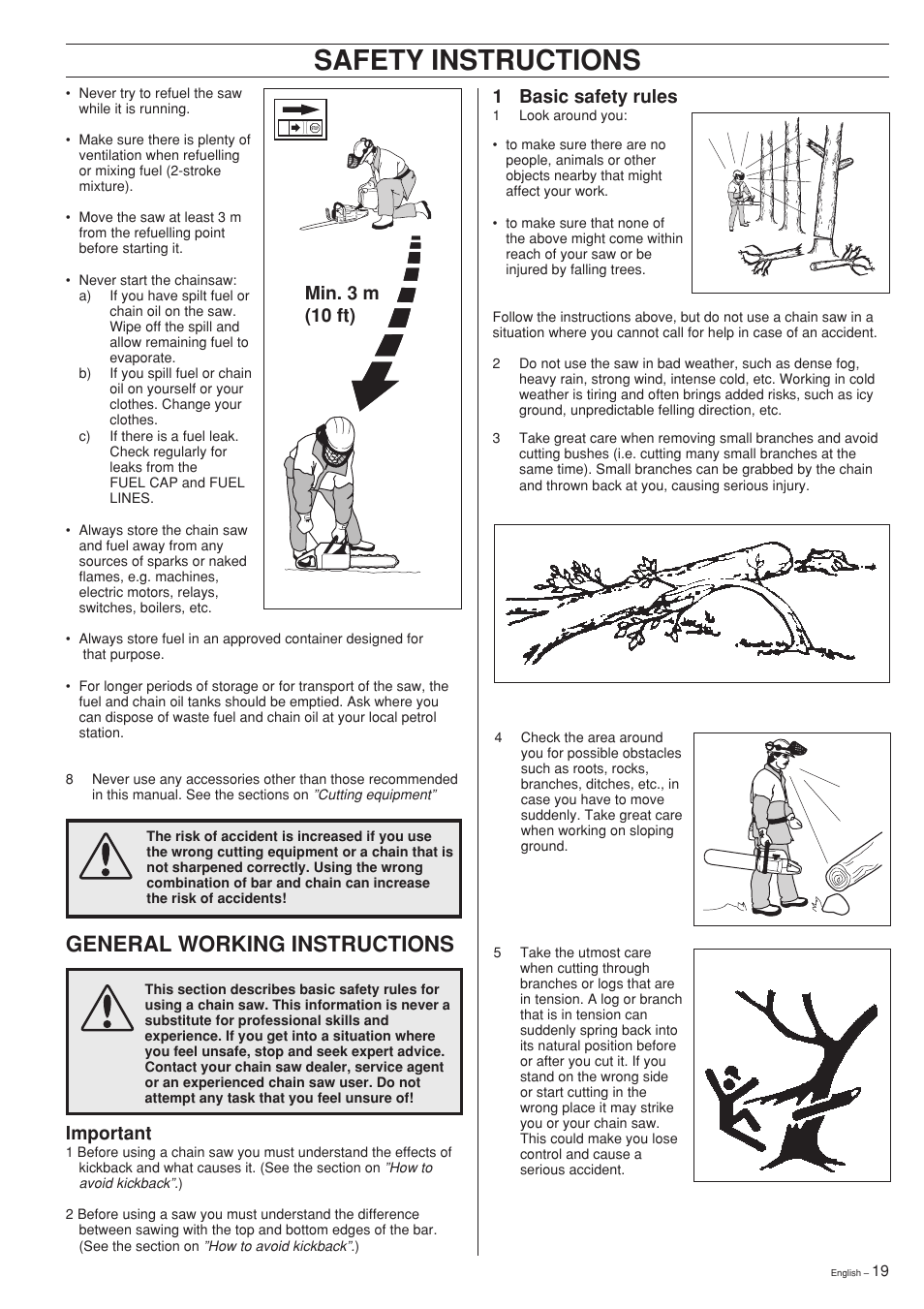 Safety instructions, General working instructions, 1 basic safety rules | Important, Min. 3 m (10 ft) | Husqvarna 281XP User Manual | Page 19 / 36