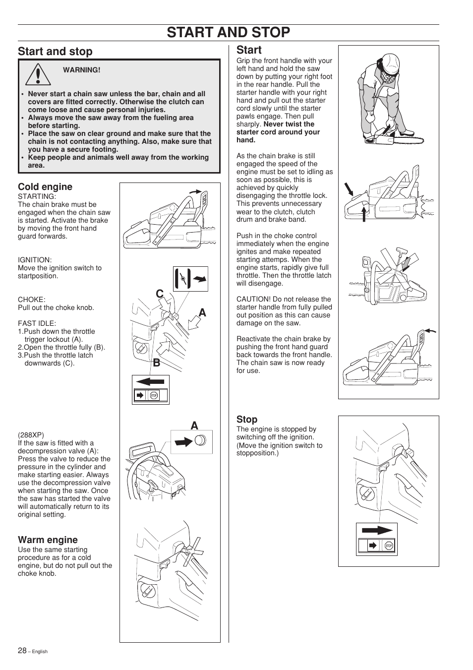 Start and stop, Ab c a start | Husqvarna 281XP User Manual | Page 28 / 36