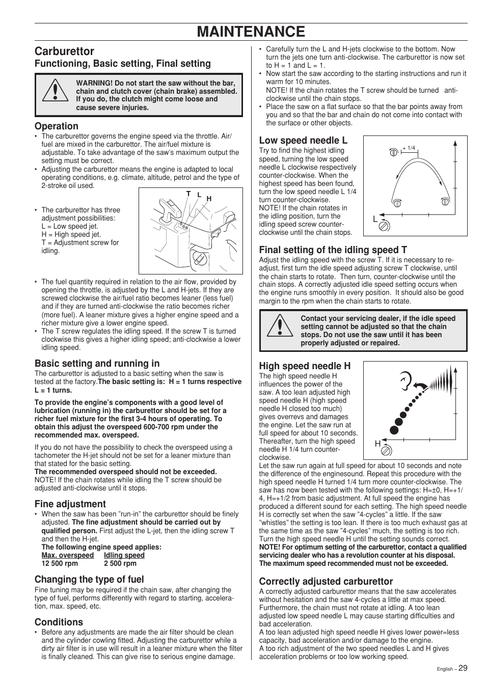 Maintenance, Carburettor | Husqvarna 281XP User Manual | Page 29 / 36