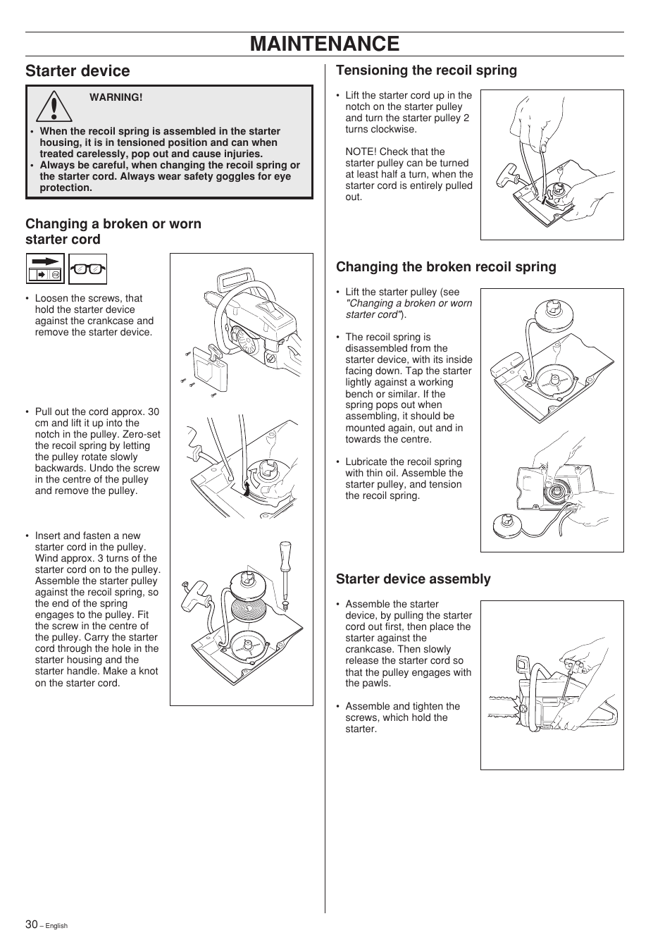 Maintenance, Starter device | Husqvarna 281XP User Manual | Page 30 / 36